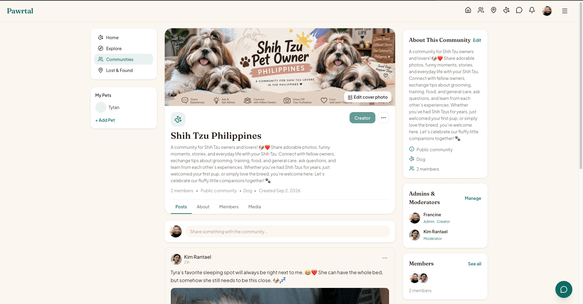Pawrtal desktop community creator and admin view with membership context, community posts and role-specific controls