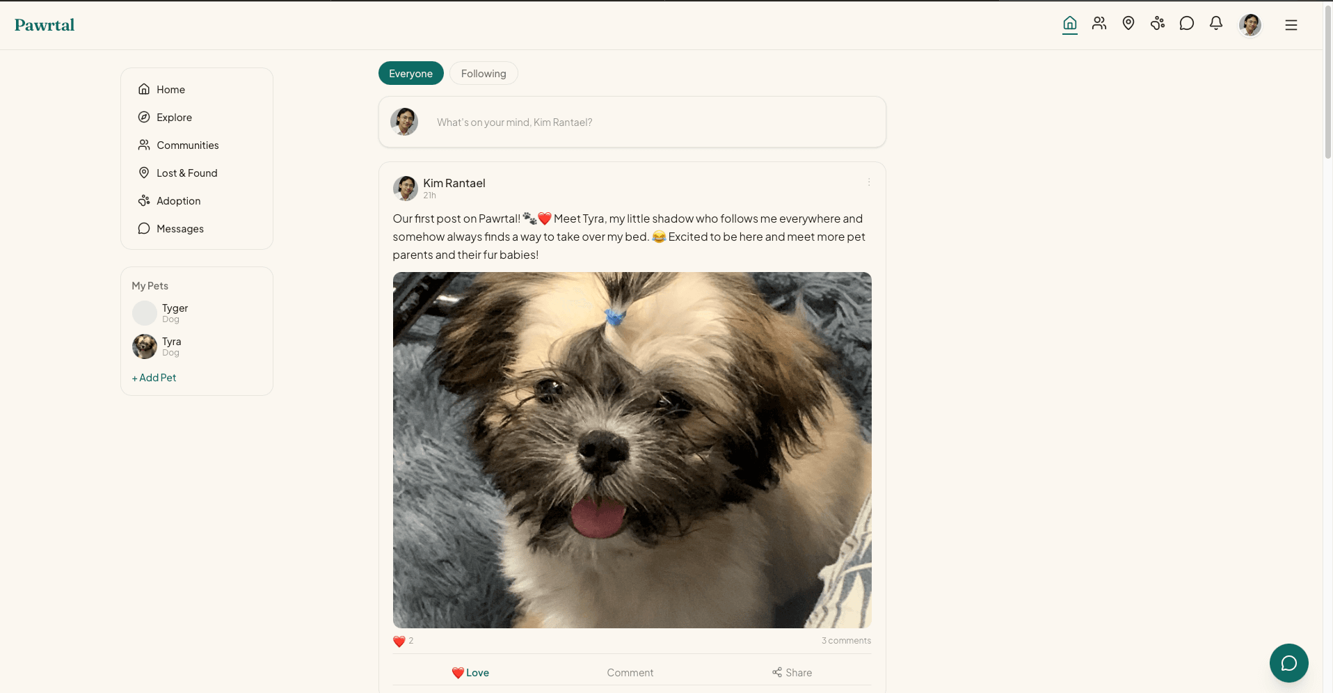 Pawrtal desktop social feed with a pet post, composer and product navigation