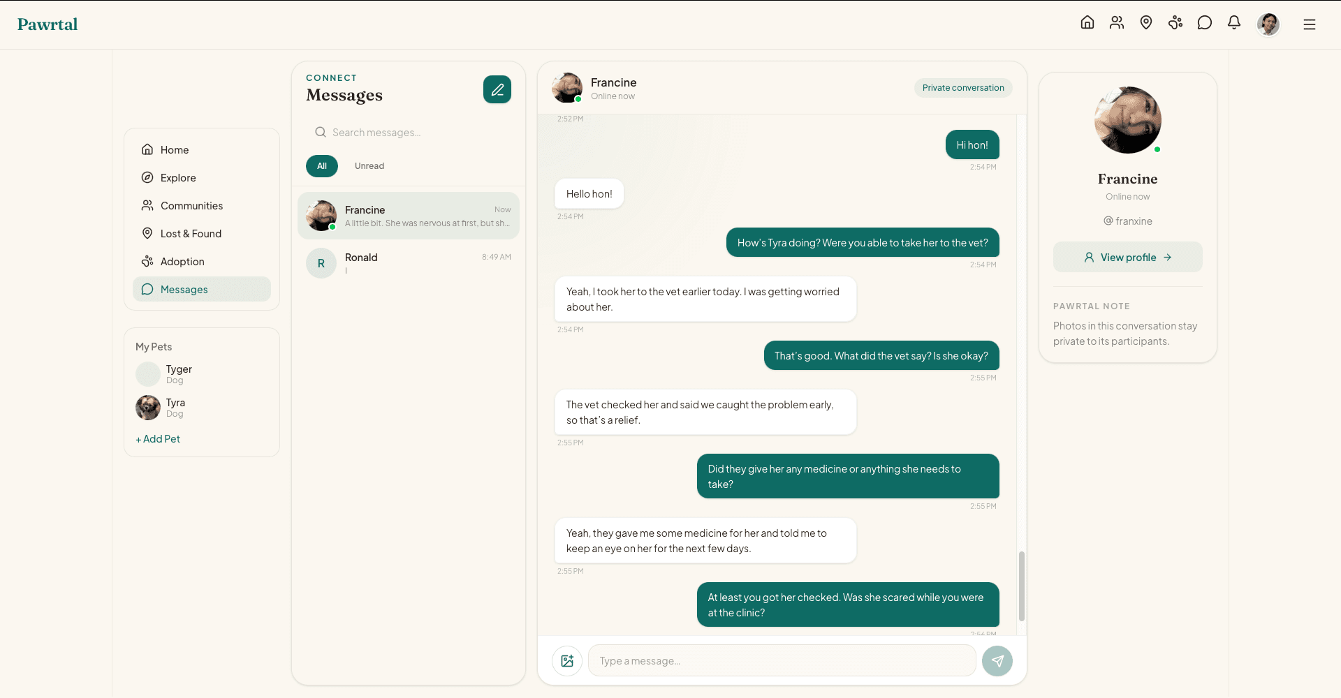 Pawrtal desktop private messaging interface with conversation list, active message thread, participant context and composer