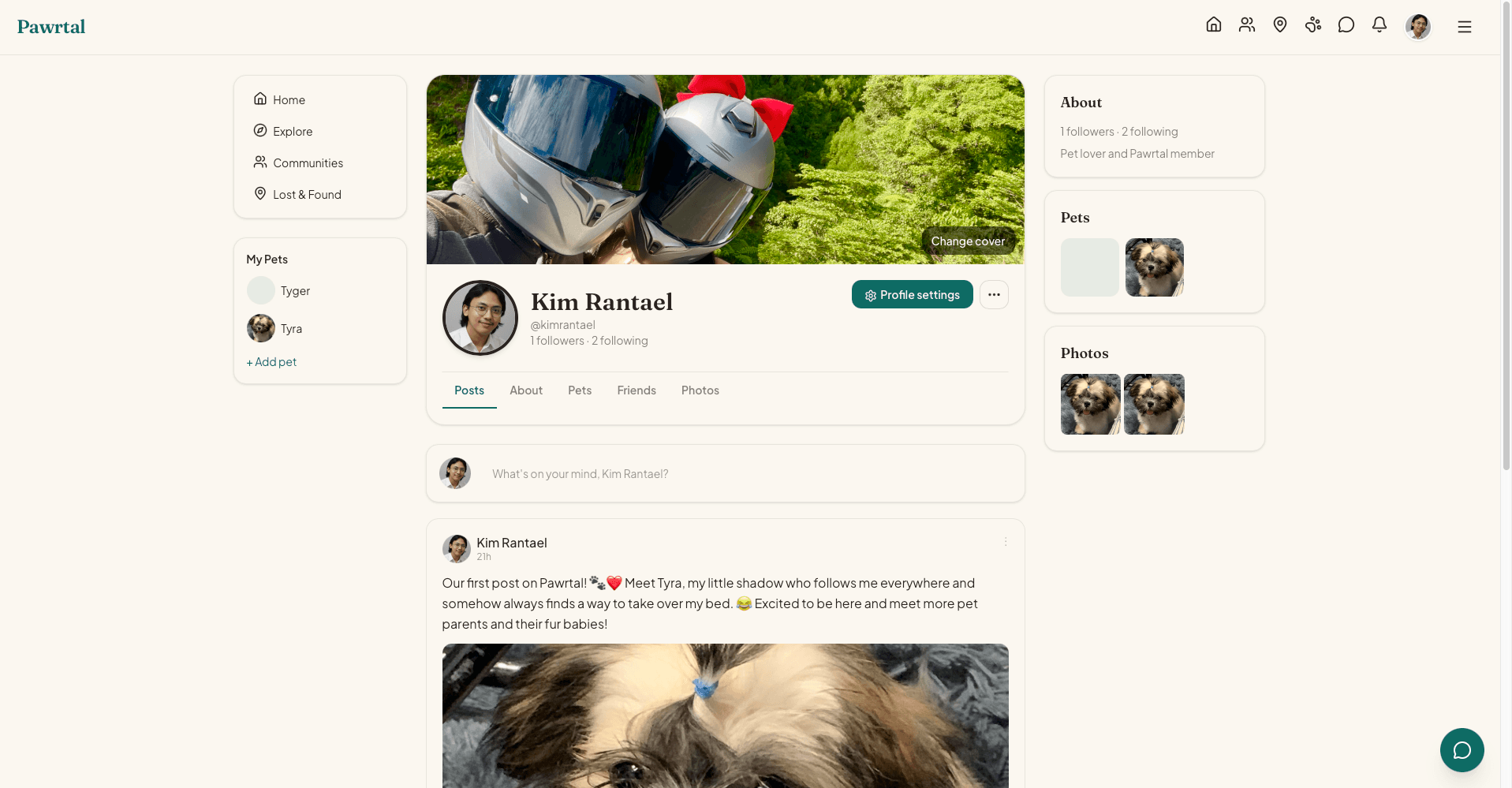 Pawrtal desktop user profile with cover image, follower information, pet shortcuts and posts