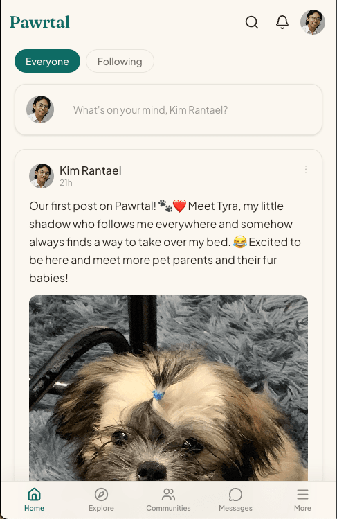 Pawrtal mobile feed showing composer, pet post and persistent bottom navigation