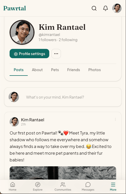 Pawrtal mobile profile showing responsive identity and navigation